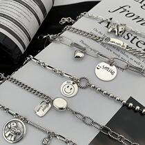 925 silver plated Thai silver bracelet female retro smiley face heavy industry old bracelet ins cold style Fashion Net red hand string