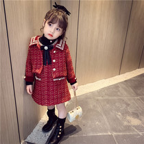 Girl Xiaoxiangfeng suit fashionable foreign style plaid plus velvet jacket autumn and winter childrens two-piece female baby princess skirt