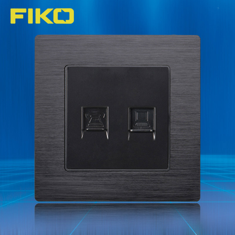 FIKO Black Aluminum Wire Drawing 86 Wall High Speed Internet Access Super Six Type Computer Socket Phone Fixed-line Socket