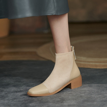 GANAIER SIMPLE AND not SIMPLE~ BRITISH style FROSTED LEATHER SQUARE HEAD THICK HEEL BOOTIES WOMENS NEW 4 5CM