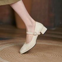 GANAIER GIANT COMFORTABLE ~ LEATHER SQUARE HEAD MID-HEEL RETRO SINGLE SHOES WOMENS THICK HEELS WIDE FEET FAT WOMENS SHOES 3 7CM
