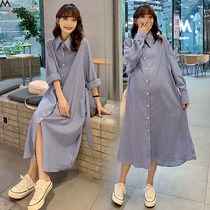 Autumn new Korean maternity dress long dress foreign over knee shirt women long sleeve polo shirt 200kg