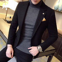 Fall winter English tweed suit men's black slim business tweed small suit gentleman single-breasted youth coat