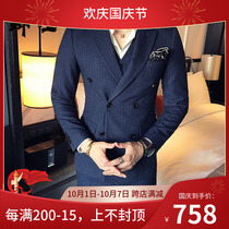 Suit set mens casual wedding bridegroom striped green slim Korean double-breasted English suit three-piece set