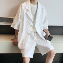 Senior sense of white short-sleeved small suit two-piece suit men loose Korean version ins shake sound net red waffle suit thin