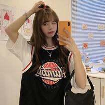 Basketball suit fake two short-sleeved t-shirt womens 2021ins tide loose Korean version of the couple outfit Harajuku wind super fire top summer