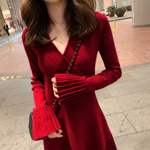  Sandro Moscoloni red dress 2021 autumn new inner tie bottoming socialite knitted dress