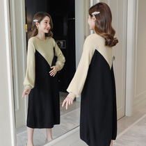 Net red pregnant women 2021 autumn and winter fashion new sweater tide mom Korean loose fashion stitching knitted dress
