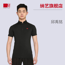 Na Yi dance suit mens new 2018 raglan sleeve POLO shirt stand collar national standard dance modern dance practice dress short sleeve black