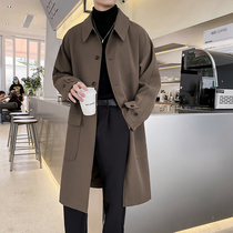 Mens English style long coat Korean version of loose Ruffian handsome autumn and winter trend solid color casual trench coat coat