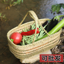 Household hand-held washing and buying vegetables bamboo basket large rural picking handmade bamboo basket kitchen storage basket long round
