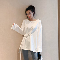 Early Autumn New Korean womens long sleeve T-shirt womens loose thin waist waist long irregular white coat tide
