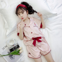 Girls pajama suit 2021 new summer short-sleeved thin section of the big childrens ice silk girl air conditioning clothing home suit