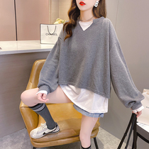 Pregnant women autumn coat female 2021 New Korean version of net red fake two pieces loose size fat MM long sleeve pregnant women sweater