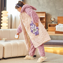 Star Dew Coral Velvet Nightgown Women Autumn and Winter Long Bathrobe Three Layers Of Cotton Plus Fleece Thick Pajamas Winter Style Warmth