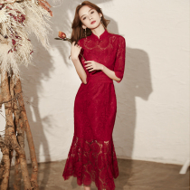 Cheongsam toast bride 2021 new autumn wine red door engagement fishtail dress wedding usually wear