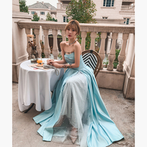 Annual art examination evening dress high-end atmosphere thin high-end texture bandeau host satin dress 2020 new