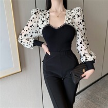 Retro chic wind butterfly chiffon shirt with diamond stitching V-neck slim thin foreign-style age long sleeve top female autumn