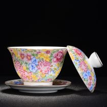 Pottery Life Cover Bowl Tea Cup Enamel Ceramic Tea Set Grilled Flower Three Cai Cup Hand-painted Pastel Wanhua Tea Bowl