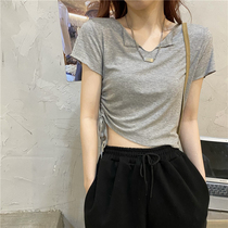 Womens summer 2021 new Korean style chic design sense niche drawstring V-neck T-shirt short sleeve high waist short top