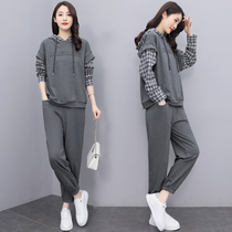 Plaid sports suit womens 2021 autumn new casual large size loose stitching Western style hooded sweater two-piece set