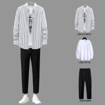 Striped long sleeve shirt mens suit Korean version of the trend light mature style spring and autumn mens clothing set with Ruffian handsome