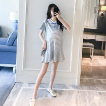 Pregnant women summer clothes 2021 new short-sleeved fashion striped mid-length summer small maternity dress fishtail dress