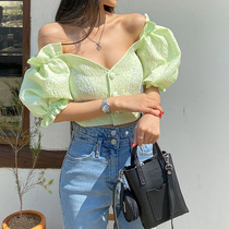  2021 summer new buckle short heavy industry top ins super fire jacquard pattern fungus edge off-the-shoulder shirt women