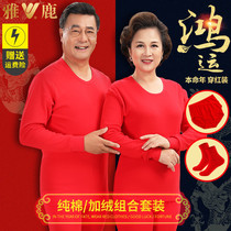 Yalu middle-aged and elderly red autumn trousers suit womens life year thermal underwear male parents belong to the year of the cow