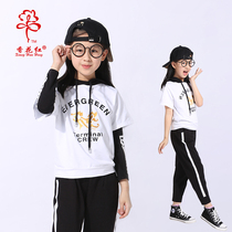 Fragrant flower red street dance suit Spring and autumn childrens jazz dance performance suit Childrens hip-hop performance suit Korean version of casual fashion suit
