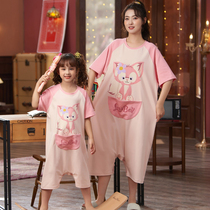 Mother Lady Conjoined Pajamas Short Sleeves Pure Cotton 2022 New Children Parent-child Loose Cartoon Pyjamas Pyjamas Pants Home