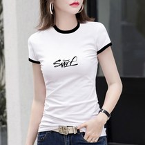 Tide brand 2021 summer semi-high collar white short-sleeved T-shirt womens letter printing Korean version of black tight-fitting base T-shirt