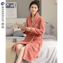 Nightgown womens winter thickened plus pile long coral fleece morning gown pajamas autumn and winter warm flannel bathrobe home clothes
