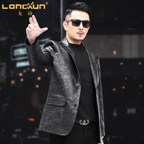  Fashion leather leather mens suit printed first layer calfskin casual suit leather jacket 2021 autumn new