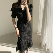 Black lace dress summer waist thin high-end elegance Bubble sleeve V-neck Chiffon hip fishtail skirt