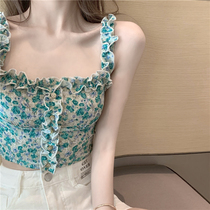 French floral blue camisole womens summer strapless bandeau chest wrap sexy short inside and outside wear clothes