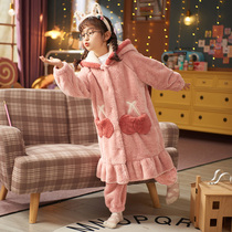 Childrens sleepwear girls autumn and winter coral velvet thickening long robe set flannel zhong da tong Home Services