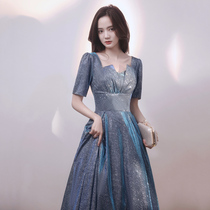 Star evening dress dress women 2021 New temperament long blue performance host high-end socialite banquet toast