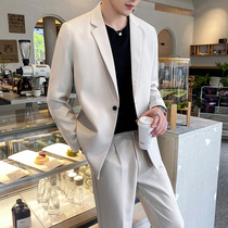  Casual suit mens suit trend loose Korean version handsome British style beige ruffian handsome mens suit two-piece suit