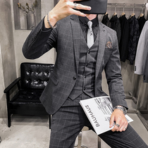 Plaid Suit Men's Korean Slim Fit Three-Piece Fashion Autumn and Winter Best Man Suit Groom Wedding Iron Dress