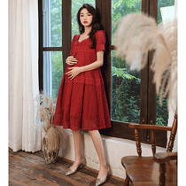 Big code pregnant woman toast with wine red wedding day bridal dress Summer back door Little Baby Engagement Gown Dress