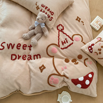 Cartoon towel embroidered milk velvet four-piece set Winter thickened coral fleece sheets double-sided flannel quilt cover three-piece set