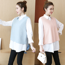 Pregnant womens clothing spring and autumn Korean Lady temperament two-piece jacket vest sweater professional shirt autumn clothing