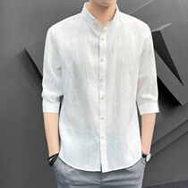 home daily High-end mid-sleeve linen shirt Mens slim simple trend casual handsome mens shirt