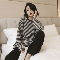 House still hipster at home ~ pajamas women cotton long sleeve thin loose stripes girly feel can wear suit