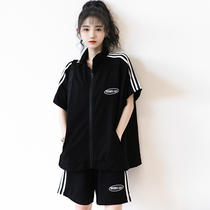 2022 Summer New Suit Black Sports Blouse Casual Loose Broadleg Shorts Two Sets Womens Korean Edition Tide