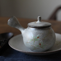 Dust-free handmade original design Natural ash glaze side handle pot Hand-painted dandelion orchid