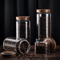 Coffee bean sealed jar glass storage tank household moisture-proof coffee powder food grade storage tank wooden lid storage jar