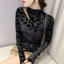 Tide brand 2021 autumn new semi-high collar base shirt female European goods printed flocking mesh coat foreign style long sleeve T-shirt