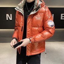 Tide brand short down jacket mens autumn and winter new trend handsome bright duck down thickened hooded jacket mens clothing